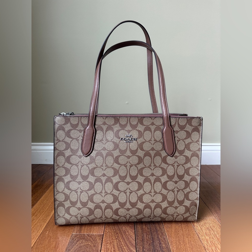 Coach CL399 Nina Signature Tote Khaki Saddle Brown Leather Large Shoulder Bag